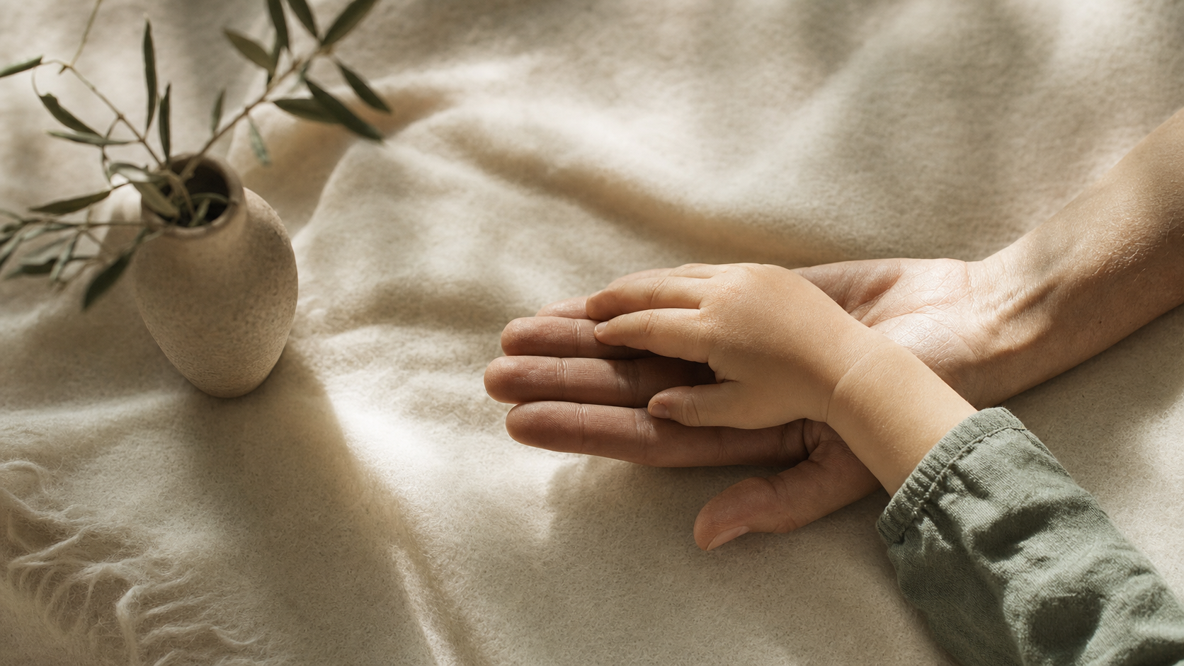 Kinderhand ruht in einer Erwachsenenhand auf weicher Wolldecke — Begleitung in jedem Alter