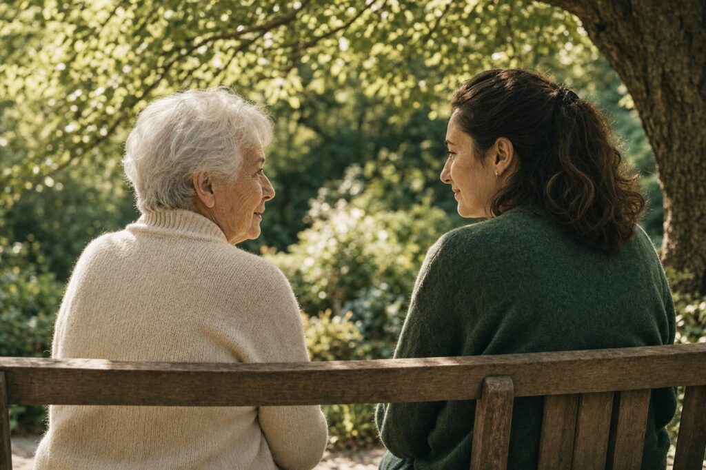 Eine erwachsene Tochter und ihre ältere Mutter im Gespräch auf einer Bank im Grünen