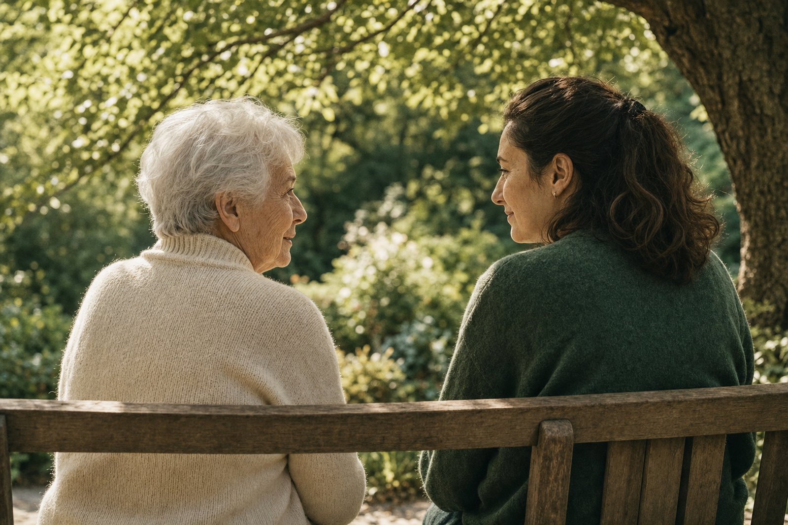 Ältere Mutter und erwachsene Tochter im Gespräch auf einer Gartenbank