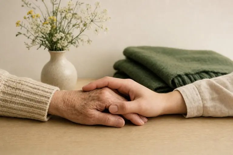 Eine ältere Hand wird sanft von einer jüngeren Hand gehalten auf einem hellen Holztisch, daneben Wiesenblumen und eine moosgrüne Wolldecke
