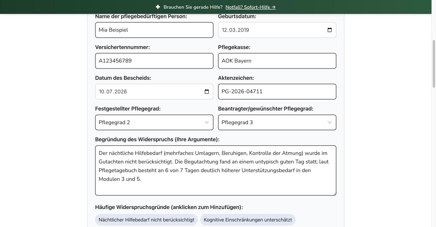 Screenshot: Widerspruchsgenerator mit ausgefülltem Beispiel-Widerspruch gegen einen Pflegegrad-Bescheid