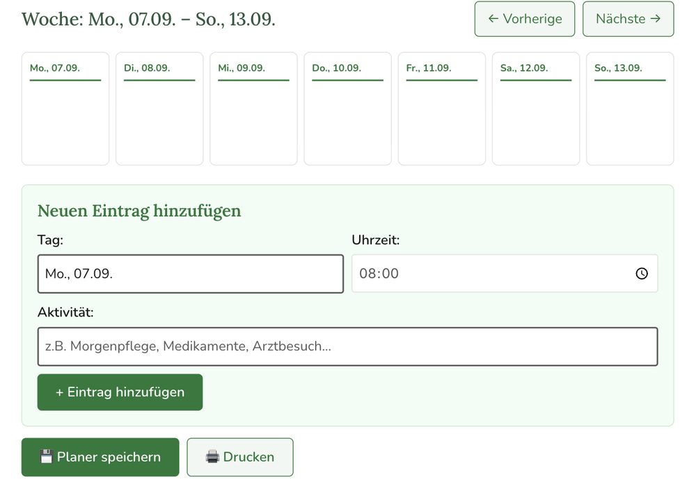 Wochenplaner mit sieben Tagesspalten und Formular für neuen Eintrag mit Tag, Uhrzeit und Aktivität
