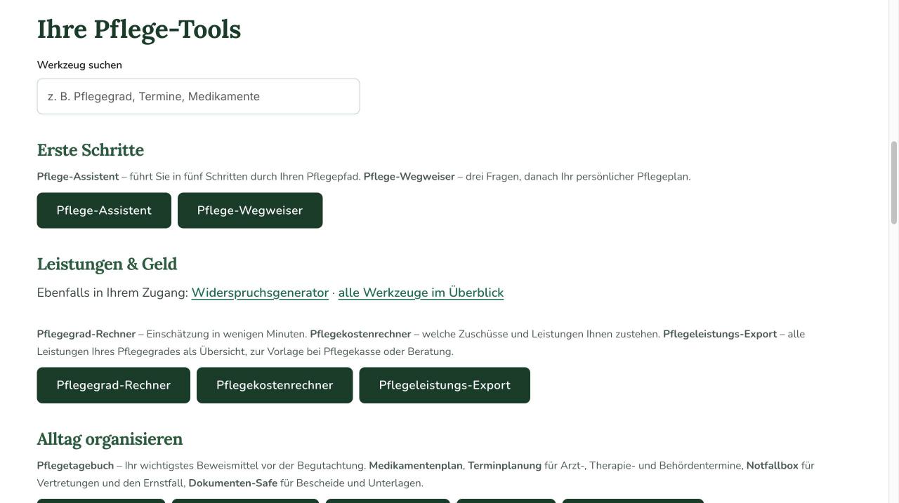 Screenshot: Tool-Übersicht im Mitglieder-Dashboard mit Werkzeugsuche und den Gruppen Erste Schritte, Leistungen und Geld, Alltag organisieren