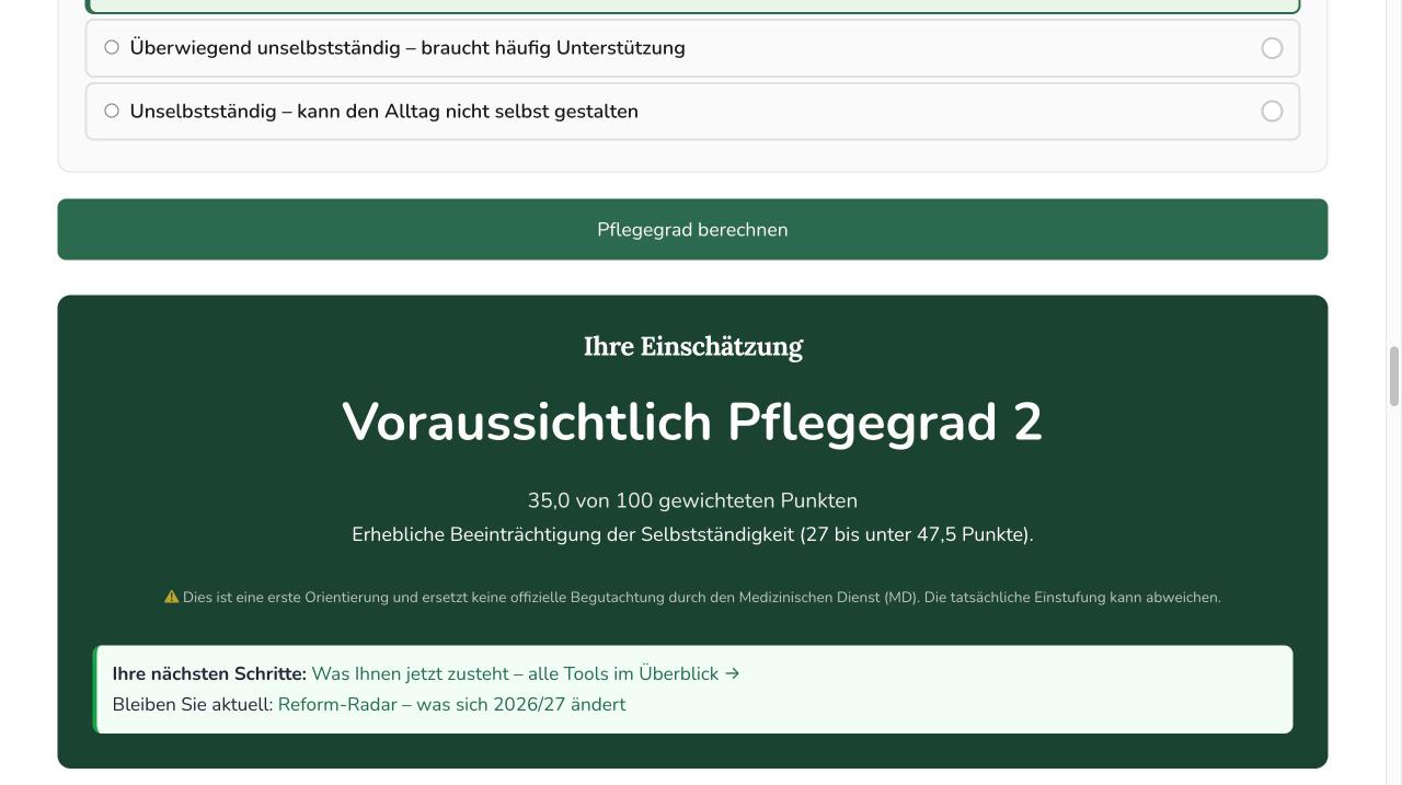 Screenshot: Pflegegrad-Rechner mit Ergebnisansicht „Voraussichtlich Pflegegrad 2, 35,0 von 100 gewichteten Punkten“ aus Beispieleingaben